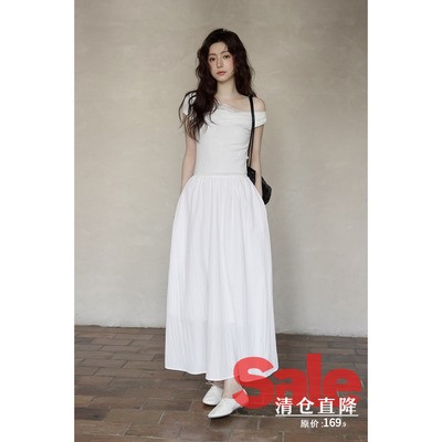 【夏末清仓】夏季韩系气质裙子收腰显瘦长款白色蕾丝边斜肩连衣裙