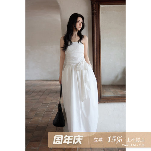 夕蒙2026新款春夏韩系气质温柔裙子海边度假蝴蝶结白色吊带连衣裙