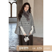 小个子斗篷短款 夕蒙2026新款 冬季 大衣小众设计感毛领灰色毛呢外套