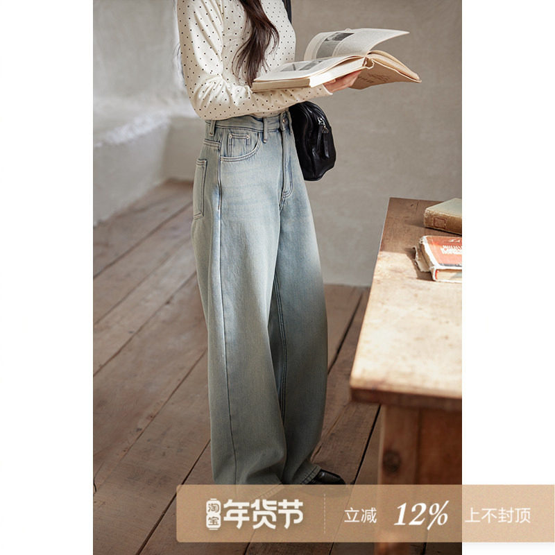 夕蒙2025新款冬季韩系气质裤子宽松阔腿裤小个子浅色加绒牛仔裤女,女装/女士精品,牛仔裤,淘宝优惠券,粉丝福利购,淘宝优惠卷
