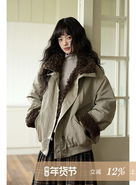夕蒙2025新款冬季慵懒宽松绝美巨好看独特小个子卡其毛绒厚外套女