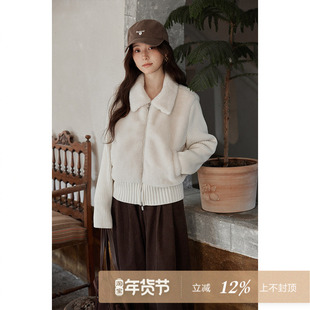 夕蒙2025新款秋冬针织拼接羊羔毛领韩系好看小个子短款厚外套女士