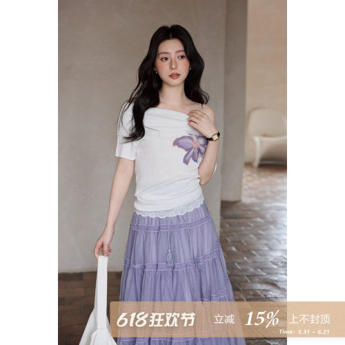 夕蒙2026新款春夏韩系气质独特上衣白色一字肩针织衫修身斜肩短袖
