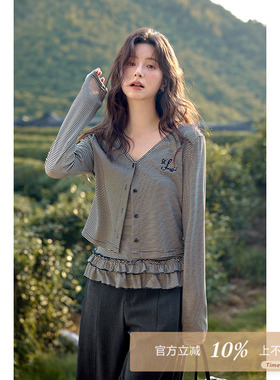 夕蒙2025新款秋季韩系高级感chic别致上衣小众气质v领黑白条纹t恤