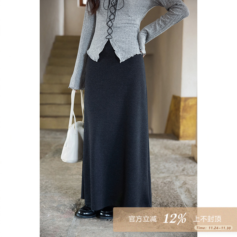 夕蒙2025新款秋韩系气质裙子小众高腰小个子绝美垂感黑灰半身裙女