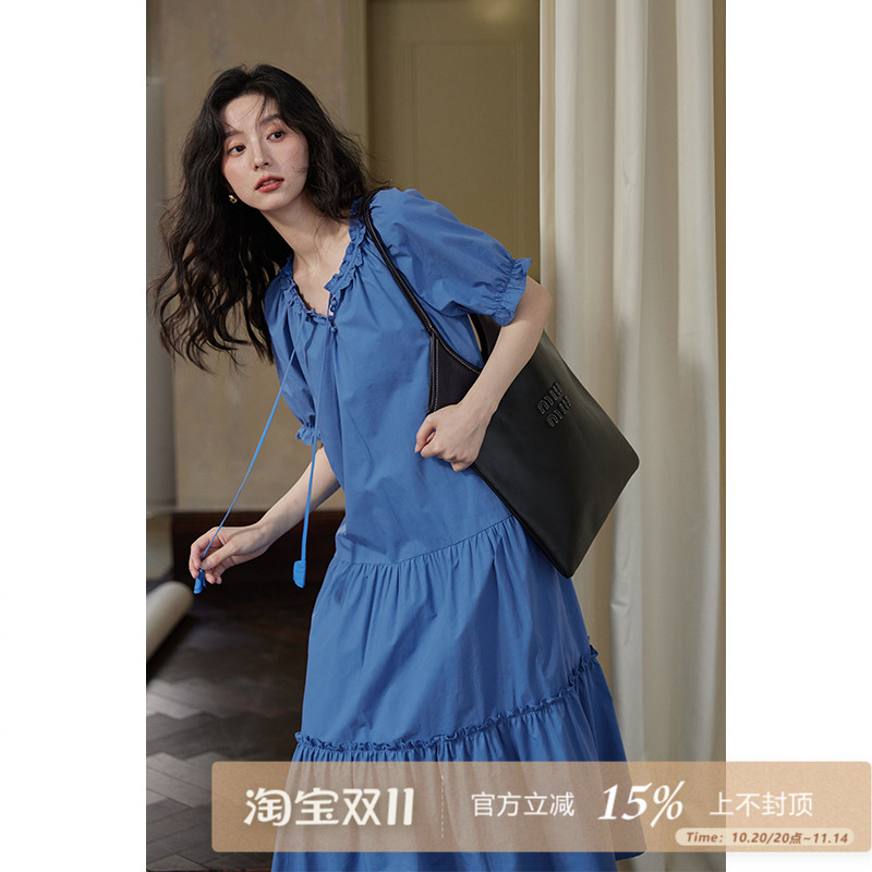 95折/夕蒙夏季法式气质设计感小众泡泡袖木耳边蓝色宽松连衣裙女