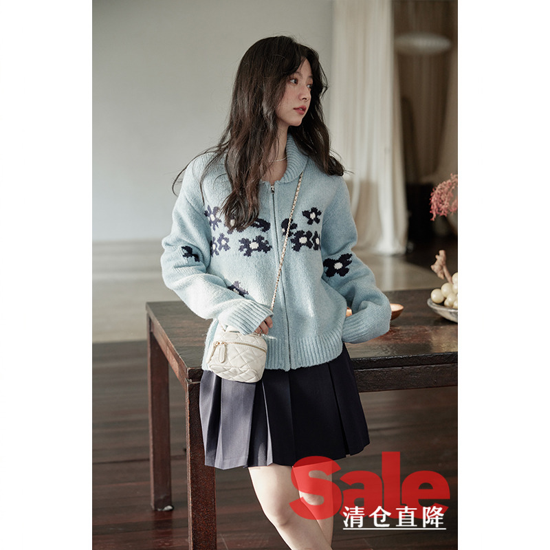 【反季清仓】初秋高级感毛衣开衫上衣设计感外搭翻领拉链针织衫女