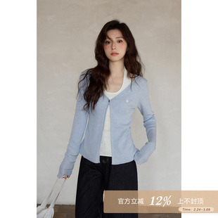 夕蒙2026新款春季韩系气质设计感上衣绝美小个子蓝色假两件针织衫