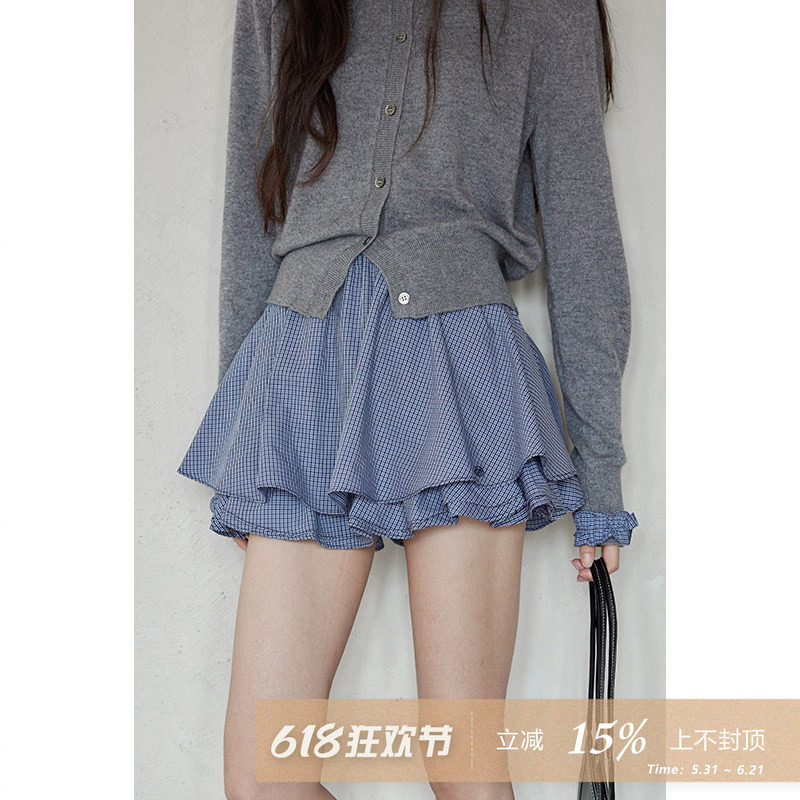 夕蒙2026新款春秋韩系设计感裙子小众蓬蓬裙高级拼接格子半身裙女