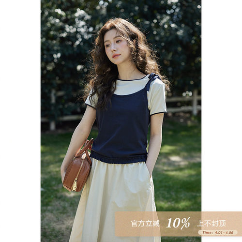夕蒙2026新款夏高级小众时尚洋气上衣独特设计感假两件短袖t恤女