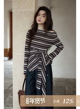 夕蒙2025新款秋韩系气质上衣小个子设计感斜肩洋气彩色条纹t恤女