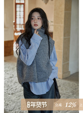 夕蒙新款设计感小众马甲法式灰色背心毛衣女小个子无袖上衣秋冬季