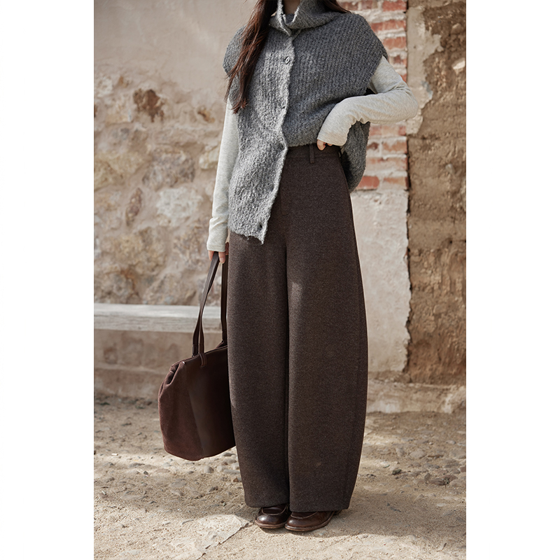 夕蒙2025新款冬季韩系裤子独特高腰阔腿裤流行小个子咖色弯刀裤女