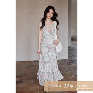 夕蒙2026新款夏季韩系裙子海边荷叶边粉绿色碎花长款吊带连衣裙女