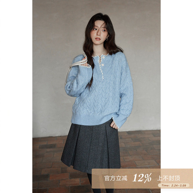 夕蒙2025新款冬季韩系复古麻花小个子慵懒松弛感蓝色亨利领毛衣女