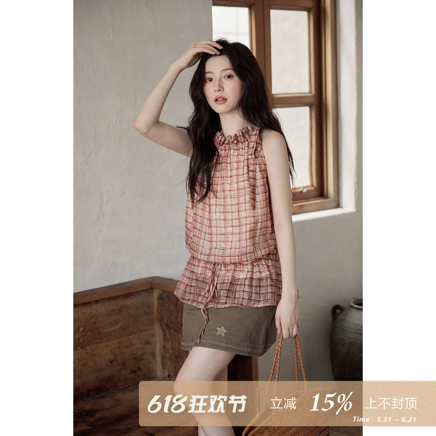 夕蒙2026新款夏季韩系花苞上衣独特抽绳无袖衬衫红色格纹背心小衫