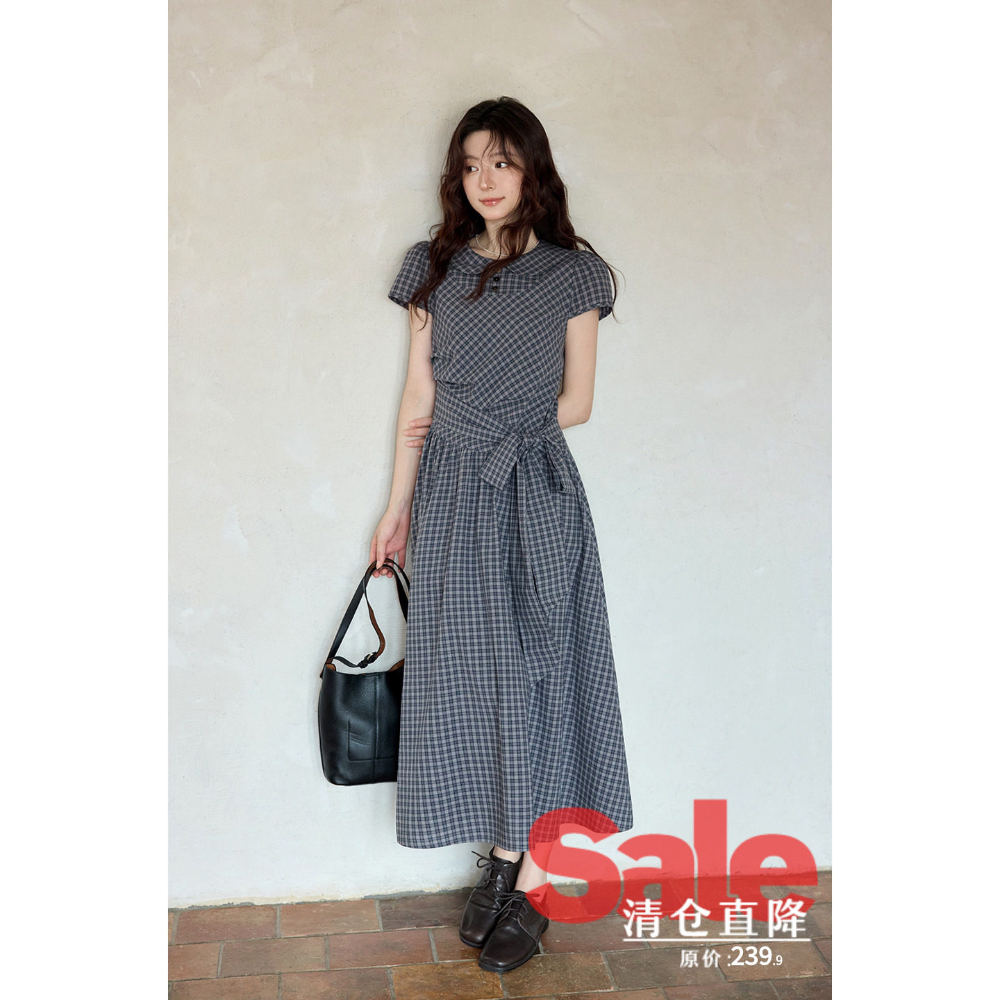 【夏末清仓】夏季韩系好看裙子藏蓝色绑带格纹娃娃领短袖连衣裙女