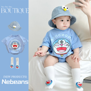 男女宝宝婴儿三角哈衣棉质柔软夏天短袖婴儿哈衣爬服卡通蓝胖子