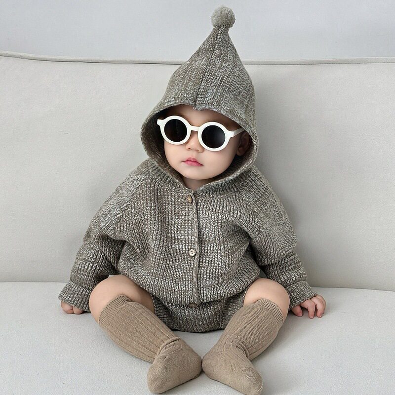 韩国宝宝毛衣套装春装新款洋气男女童连帽针织开衫包屁短裤两件套