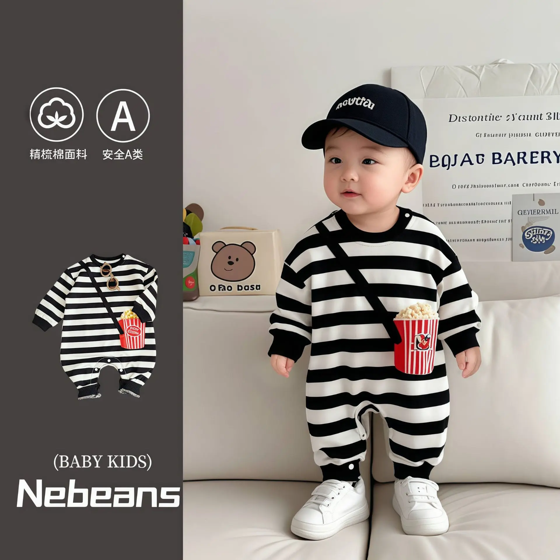潮牌婴幼儿连身衣外出服黑白条韩版男女宝爆米花哈衣爬服
