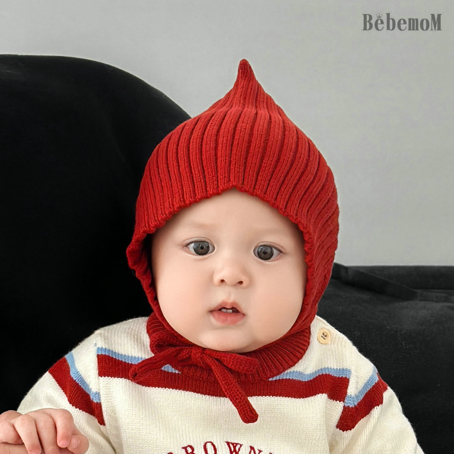 婴幼儿童针织包头帽秋冬宝宝毛线红色护耳帽小月龄洋气套头帽