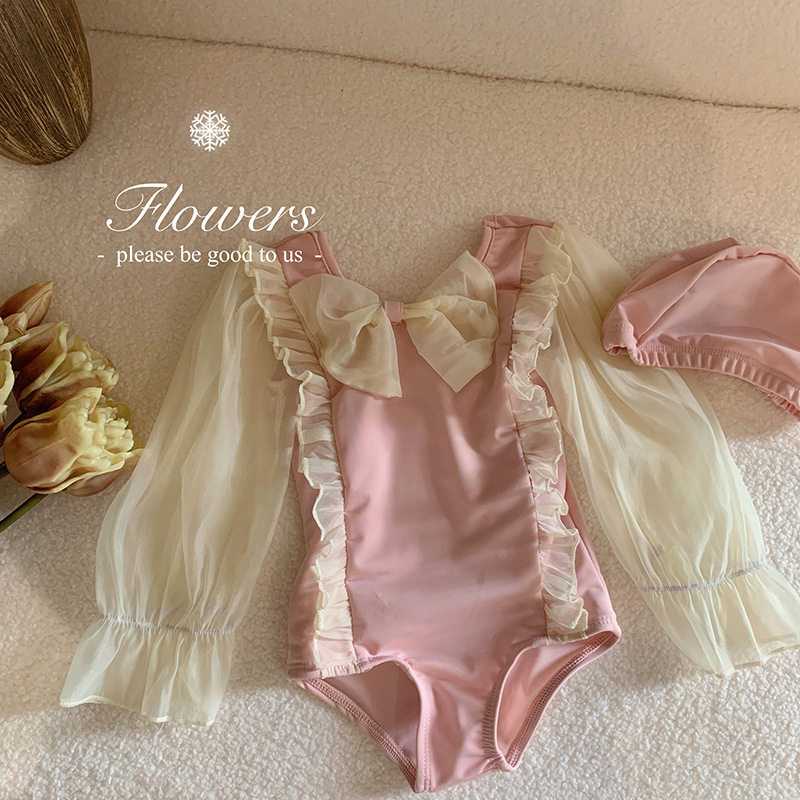 女童女宝宝小童中童粉色蕾丝长袖连体泳衣女孩度假洋气甜美游泳装