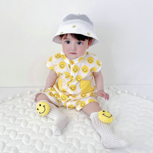 笑脸哈衣0-2岁夏季婴儿超洋气显白无袖哈衣男女宝宝连体衣爬爬服