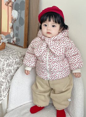 女宝宝韩版加厚碎花棉服冬季小女孩洋气连帽围脖保暖外套冬装棉衣