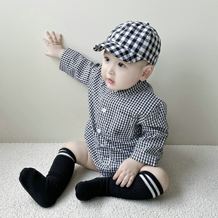 韩版男宝婴幼儿爬服春秋装宝宝包屁衣格仔爬服立领爬服外出服休闲