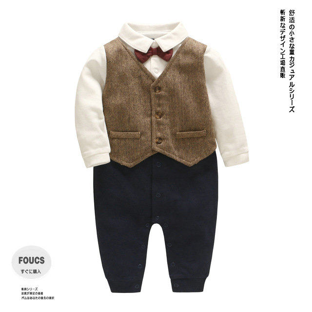 春秋装男宝宝新生儿宝宝周岁礼服红色领结衬衫绅士婴儿连体衣爬服