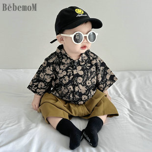 童装儿童夏装男童婴儿衬衣套装短袖宝宝花衬衫复古两件套