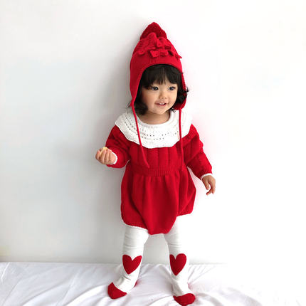 女宝宝婴儿春秋冬加绒加厚新年装红色针织毛衣连体衣三角包屁衣