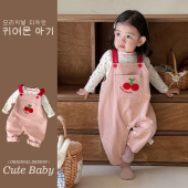 洋气韩版 小樱桃两件套背带套装 可爱女童套装 套装 春秋新款 女宝春装