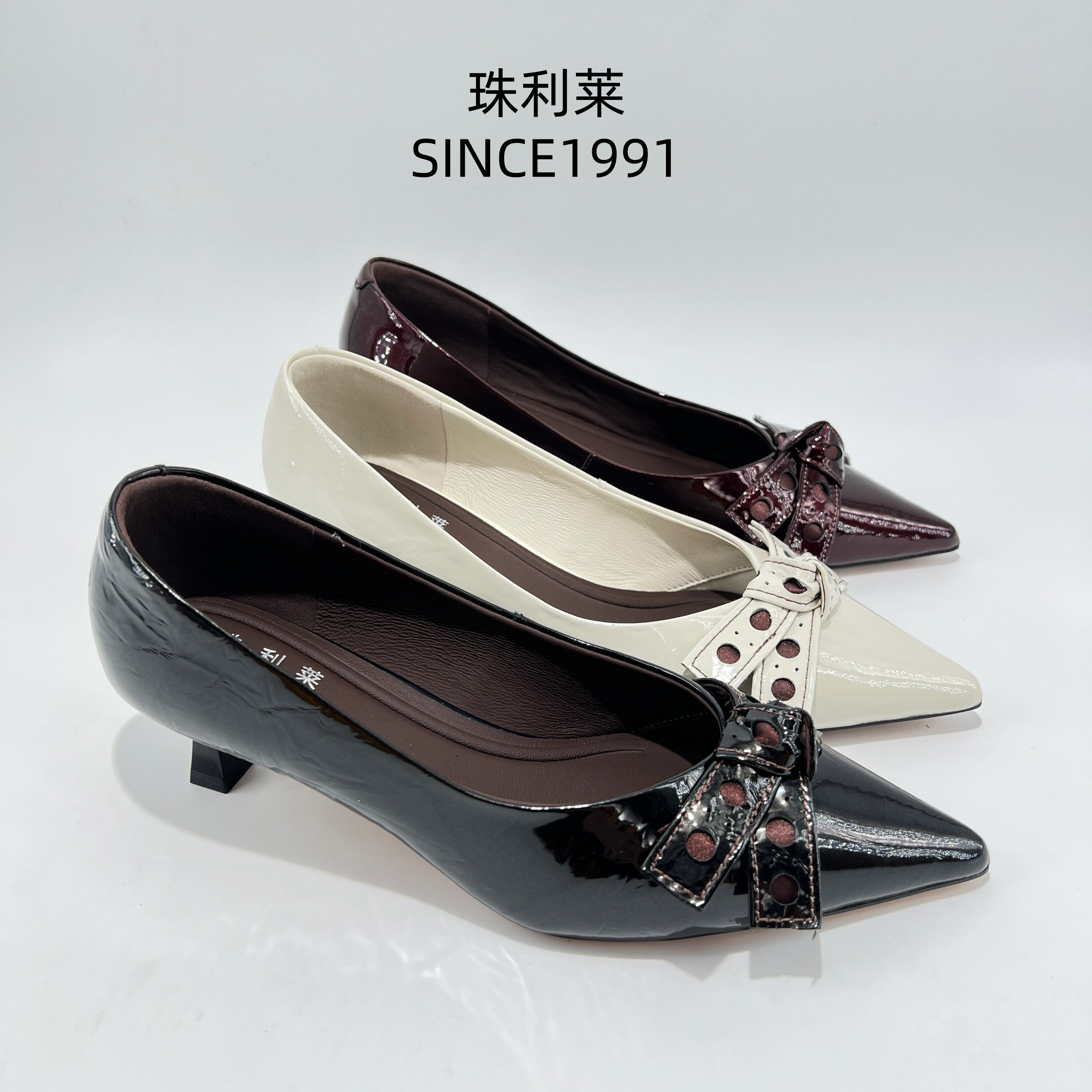 珠利莱2025春季新款尖头浅口单鞋女中跟蝴蝶结通勤风高跟鞋
