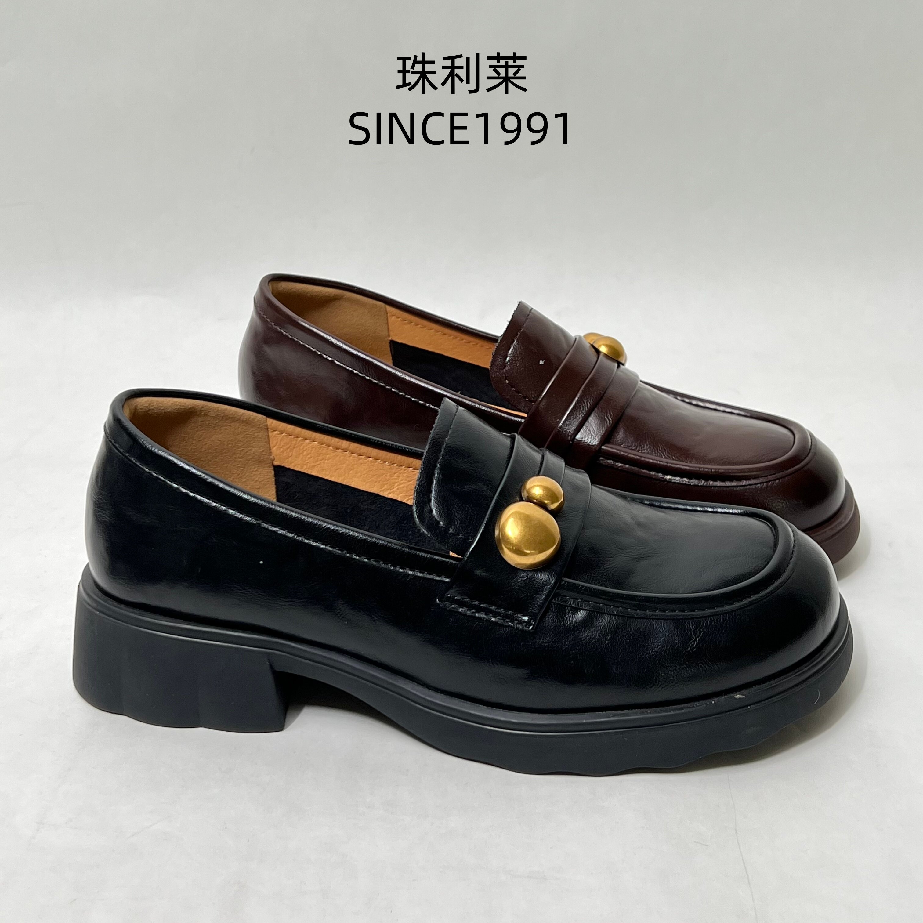 珠利莱小皮鞋老钱风真皮乐福鞋女厚底一脚蹬金属扣圆头低跟单鞋