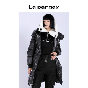 Lapargay纳帕佳2023秋冬新款 潮牌 保暖外套加厚连帽羽绒服女中长款