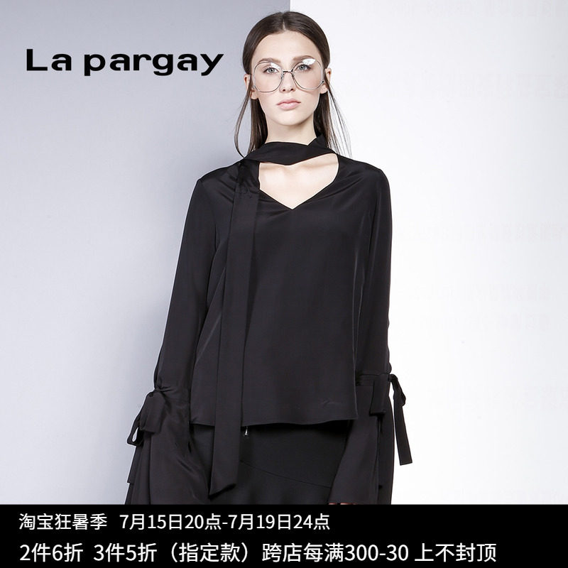 lapargay纳帕佳新款女装秋季黑白色v领喇叭袖雪纺小衬衫上衣