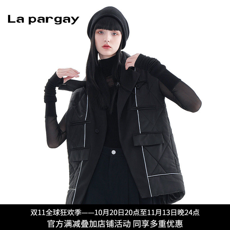 La pargay纳帕佳工装风棉马甲女黑白多口袋机能马甲宽松酷感马甲