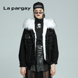La pargay纳帕佳可拆兔毛内胆毛领拼接牛仔外套女厚保暖机车夹克