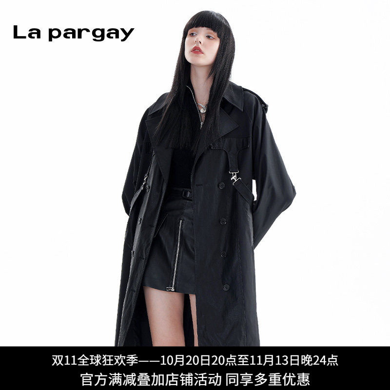 纳帕佳黑色大翻领中长款风衣女