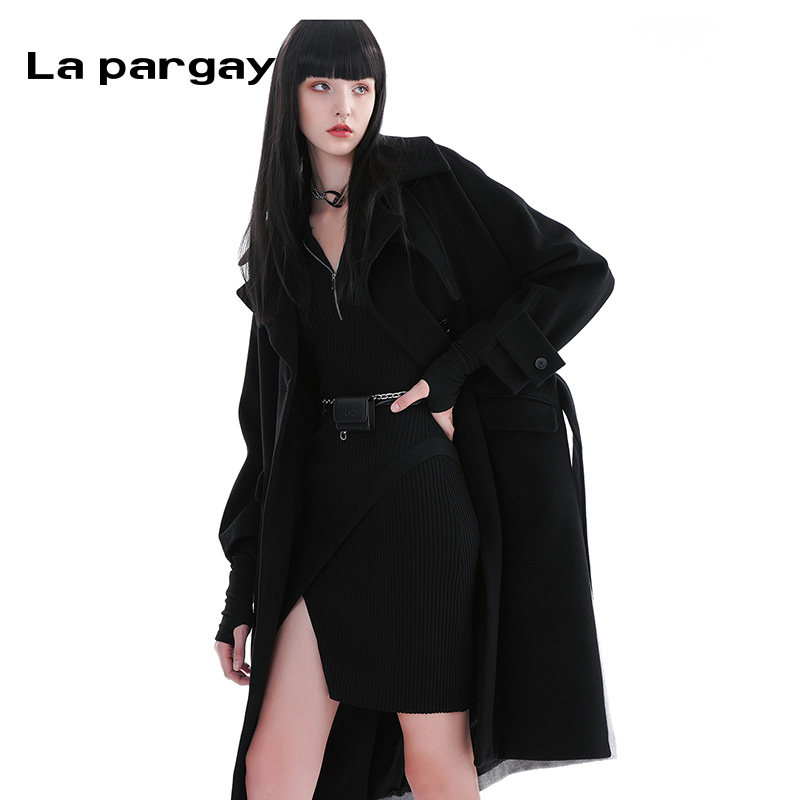 La pargay纳帕佳廓形长风衣前后拼色长款系带收腰百搭羊毛呢大衣