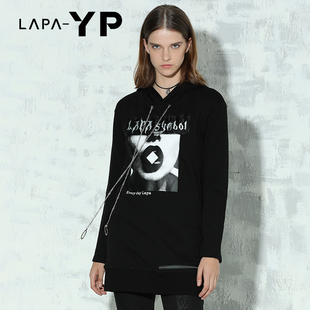套头衫 Lapa 印花图案中长款 YP冬季 女连帽黑色休闲上衣 新款
