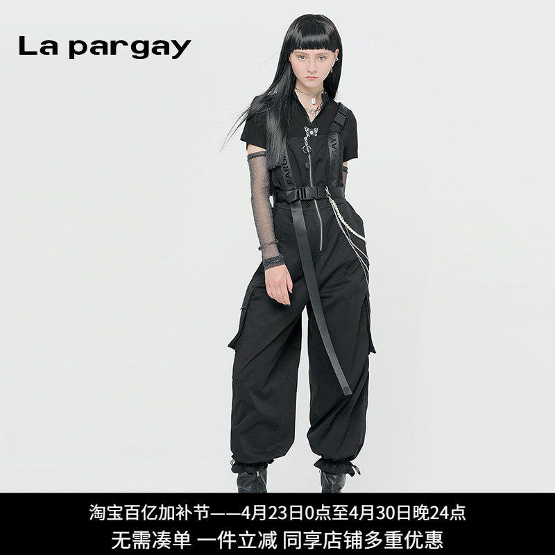 纳帕佳高腰抽褶工装感连体裤2023秋冬新款女式黑色休闲设计感裤子