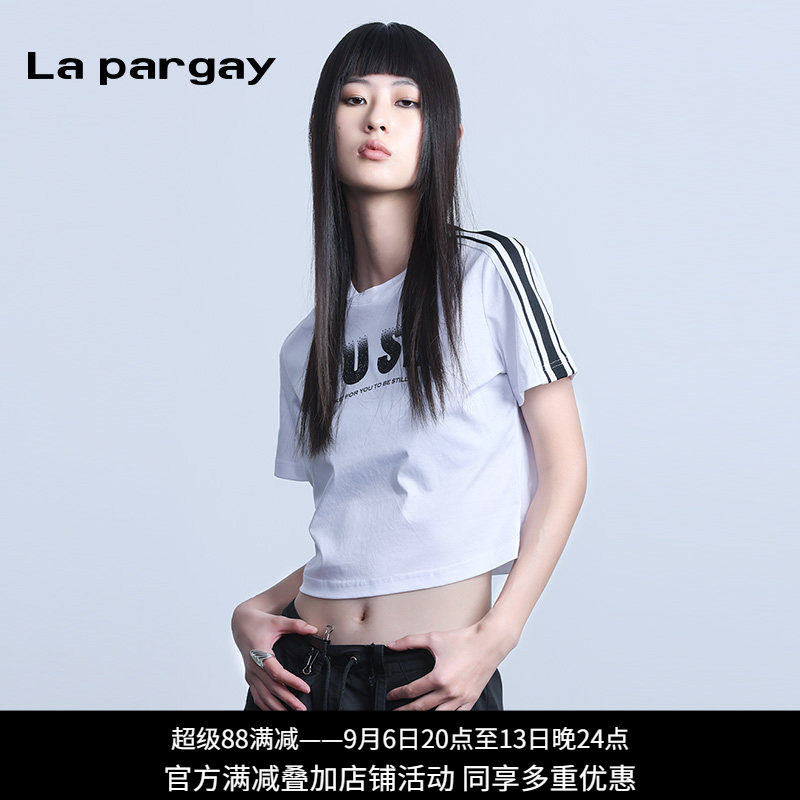 纳帕佳条纹露脐修身短袖T恤女