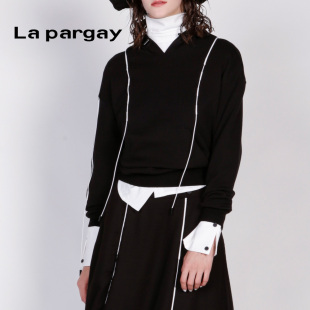 打底上衣潮 Lapargay纳帕佳2023新款 时尚 连帽套衫 连帽针织黑色修身
