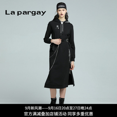 Lapargay纳帕佳2023新款女装春秋季黑色中长款休闲针织连衣裙子