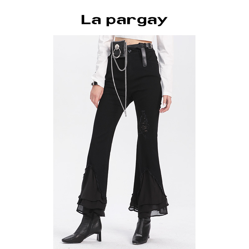Lapargay纳帕佳2023新款女装黑色裤子百搭时尚休闲牛仔拼纱喇叭裤