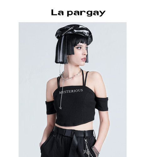 Lapargay设计感一字肩短袖T恤女