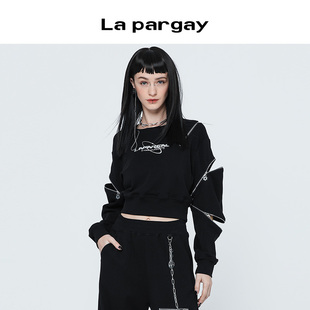 纳帕佳金属拉链套头卫衣2023秋装新款女式黑色长袖圆领休闲上衣