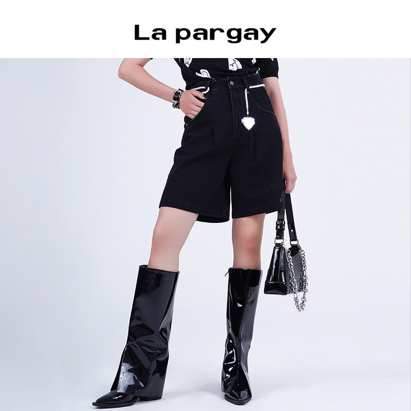 La pargay纳帕佳穿搭黑色高腰牛仔短裤女直筒显瘦五分裤休闲裤